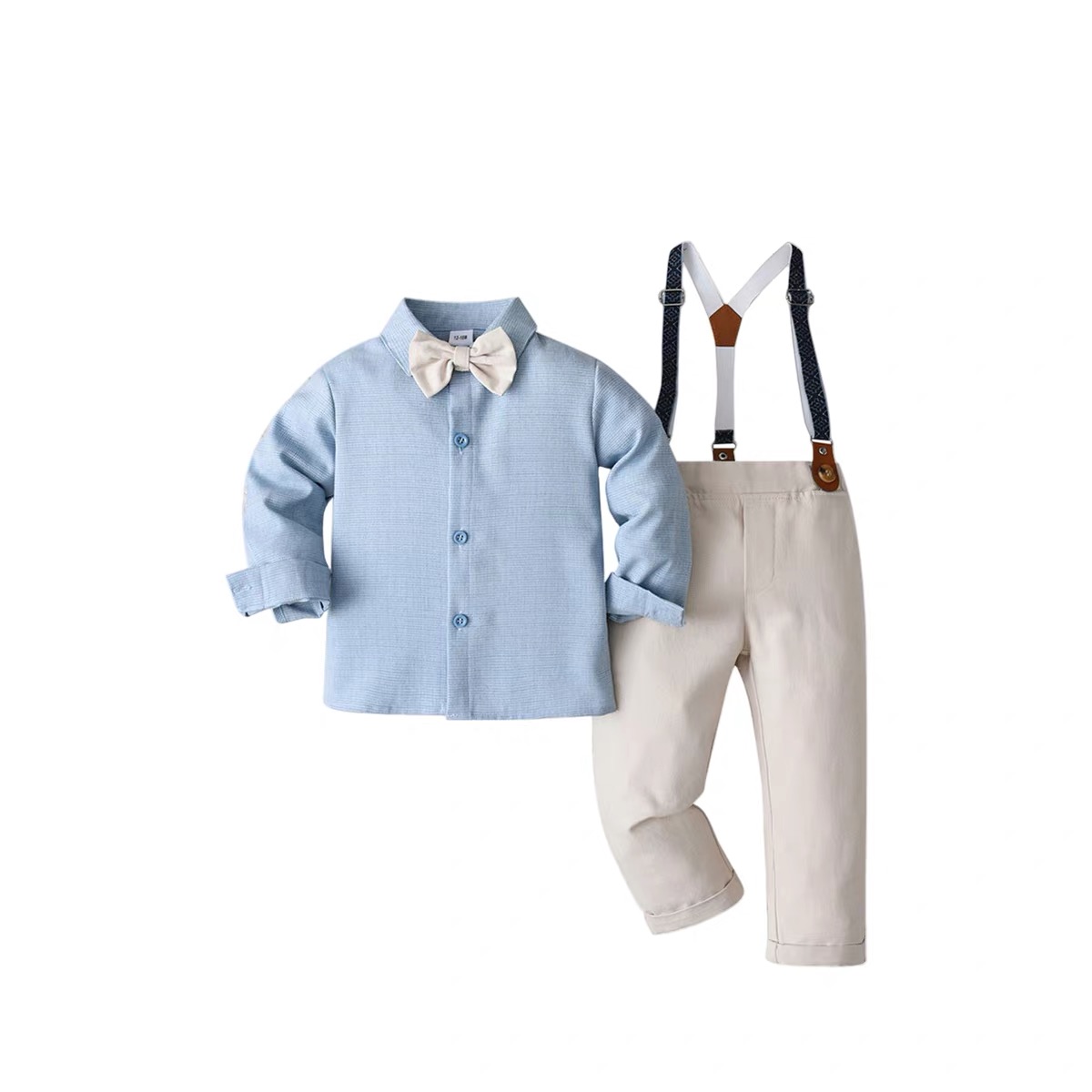 Bow Tie Plaid Shirt Trousers Two-piece - Sky Blue